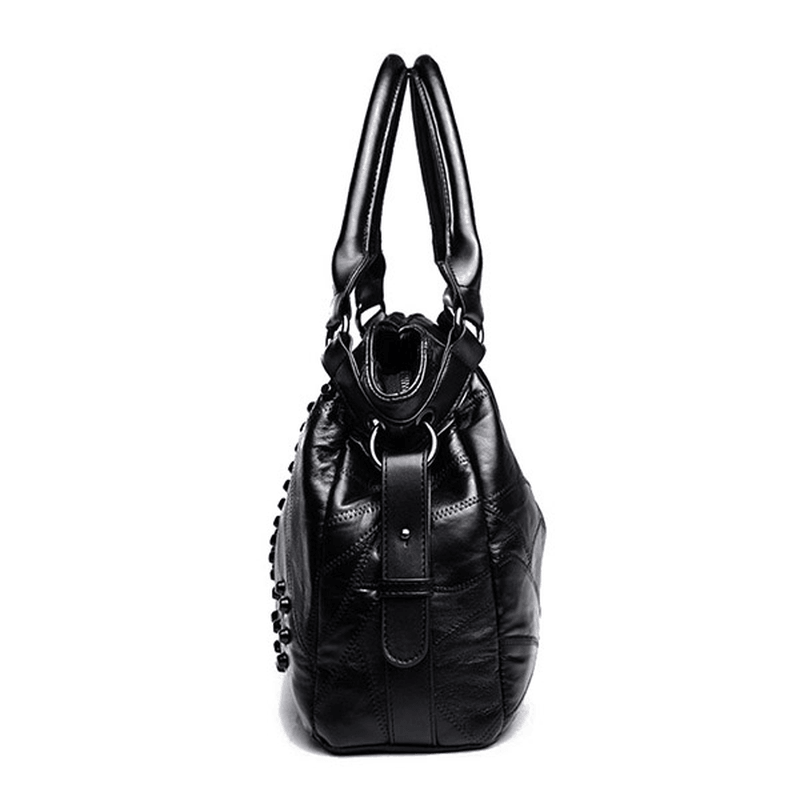 Women Genuine Leather Rivet Fashion Patchwork Handbag - MRSLM