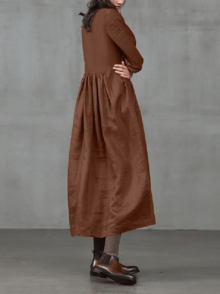 Vintage Puff Sleeve O-Neck Solid Color Side Pocket Pleated Maxi Dress for Women - MRSLM