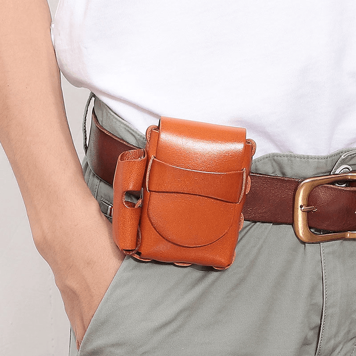 Men Genuine Leather Cigaret Case Storage Bag Retro Waterproof Waist Bag Belt Bag - MRSLM