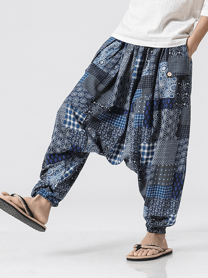 100% Cotton Ethnic Tribal Print Patchwork Elastic Waist Drop-Crotch Pants - MRSLM