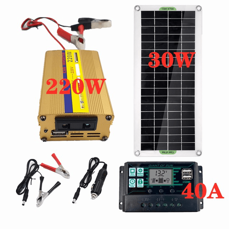 LEORY 220V Solar Power System 30W Solar Panel Battery Charger 220W Inverter USB Kit Complete Controller Home Grid Camp Phone PAD - MRSLM