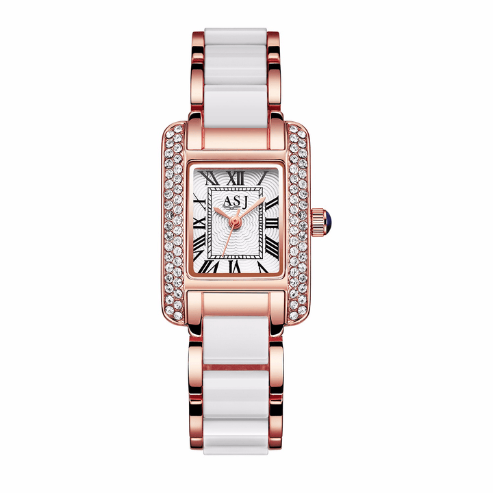 Elegant Ceramic Strap Crystal Case Roman Numerals Dial Women Ladies Dress Quartz Watch - MRSLM