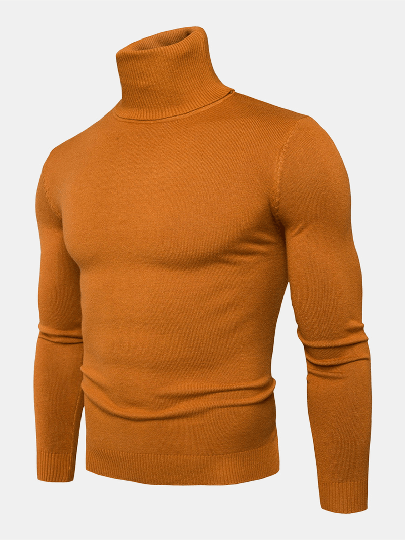 Mens Solid Color High Neck Cotton Knit Casual Long Sleeve Sweaters - MRSLM