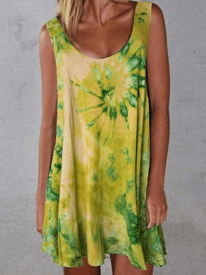 Women Tie-Dye Print Crew Neck Summer Sleeveless Loose Dress - MRSLM