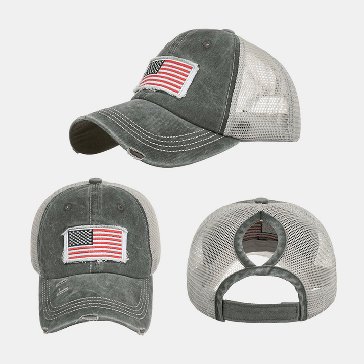 Unisex Washed American Flag Patch Ponytail Baseball Cap Mesh Breathable Casquette Summer Snapback Hat - MRSLM