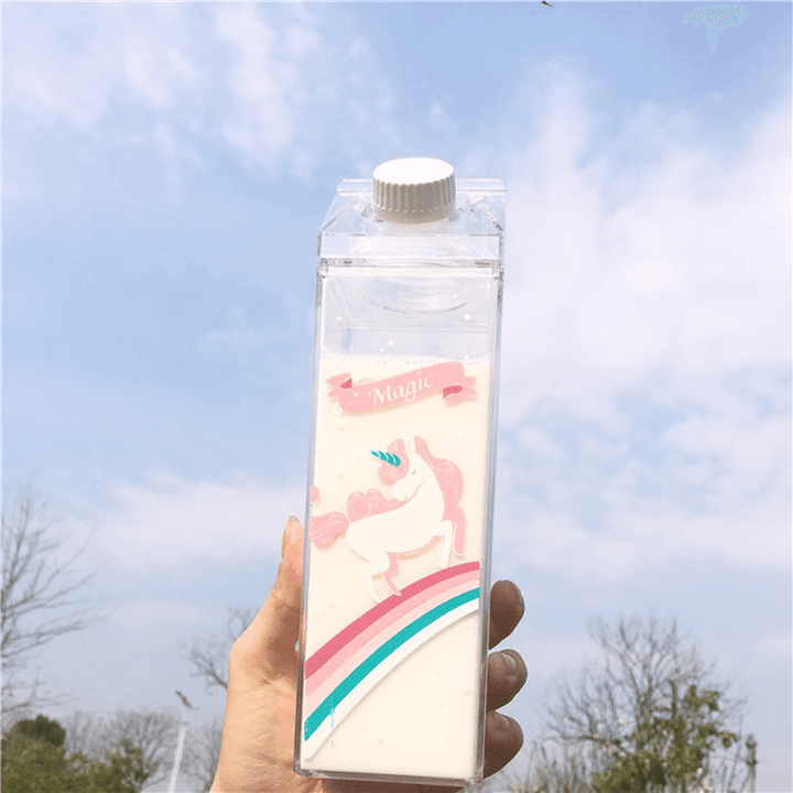 Portable Cup Novelty Milk Carton Shaped Cartoon Unicorn Printed Water Bottle - MRSLM