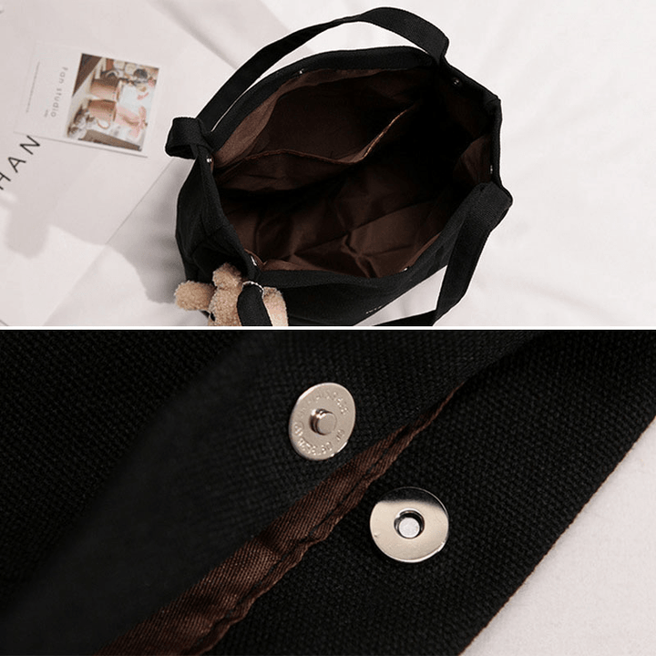 Women Casual Canvas Waterproof Handbag Letter Pattern Shopping Bag Magnetic Snap Doll Accessories Tote Shoulder Bag - MRSLM