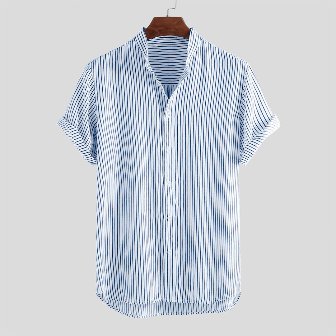 Men'S Summer Striped Short Sleeved Stand up Collar Men'S plus Size Shirt - MRSLM