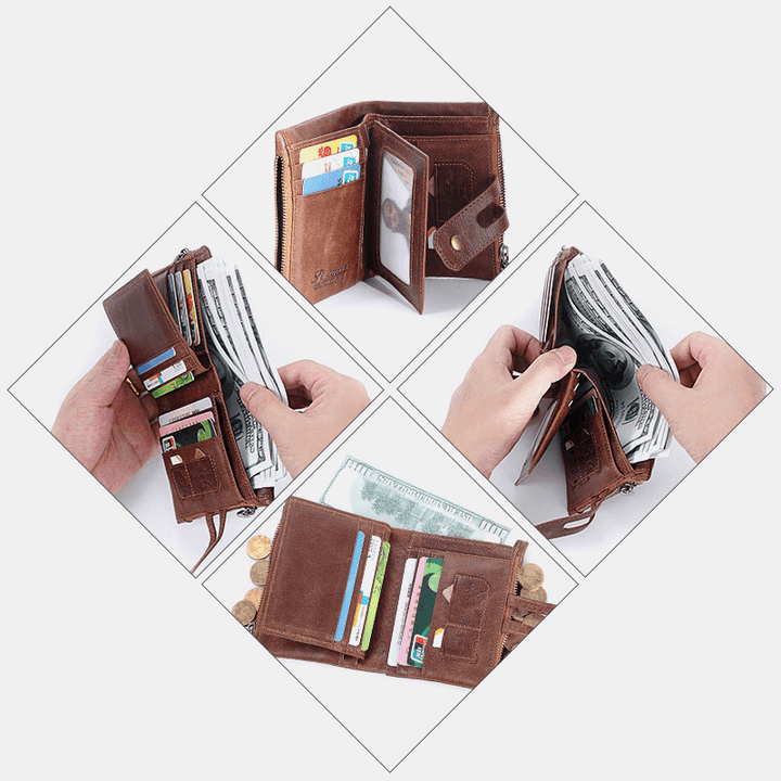 Men Retro Genuine Leather RFID Blocking Wallet 15 Card Slots Zipper Wallet - MRSLM