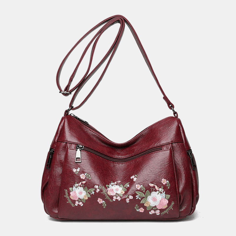 Women Ethnic Flower Embroidered Large Capacoty Crossbody Bag Vintage Texture Hardware Waterproof Breathable Soft Leather Shoulder Bag - MRSLM