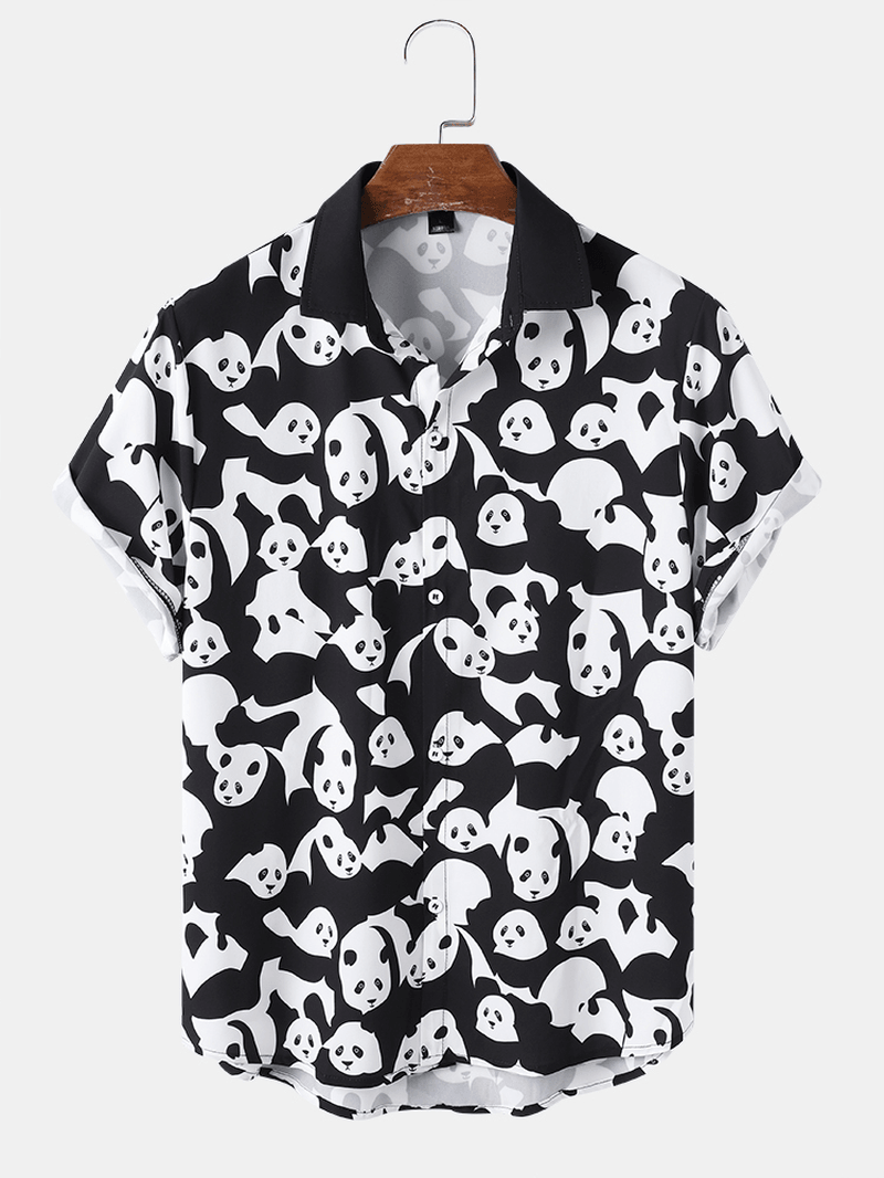 Mens Cartoon Panda Print Color Contrast Short Sleeve Shirt - MRSLM