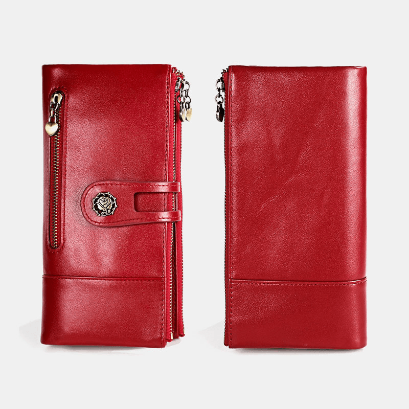 Women Genuine Leather Rfid Antimagnetic Multi-Slots 14 Card Slots Zipper Bifold Long Wallet - MRSLM