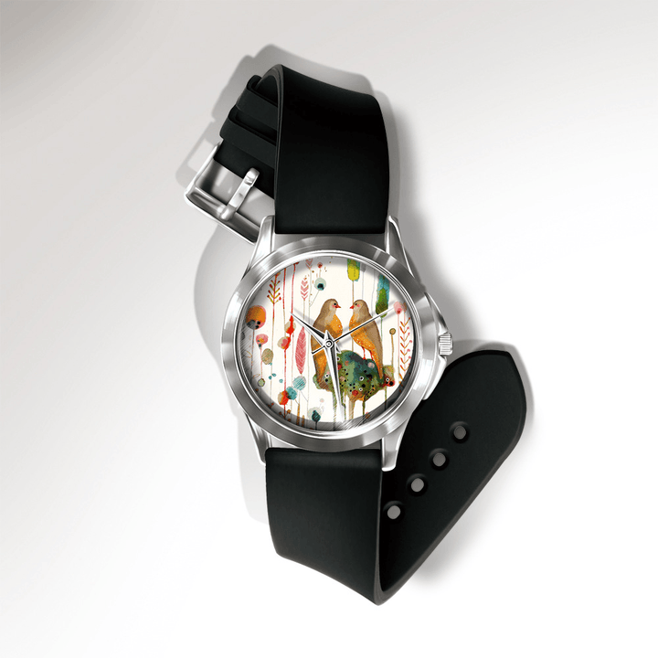MISS WHITE Casual Watercolor Flower Bird Pattern Dial PVC Band Women Quartz Watch Wristwatch - MRSLM