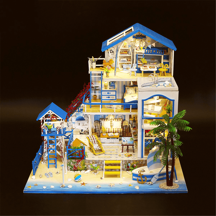 Wooden DIY Beach Villa Doll House Miniature Kit Handmade Assemble Toy with LED Light for Birthday Gift Collection Home Decor - MRSLM