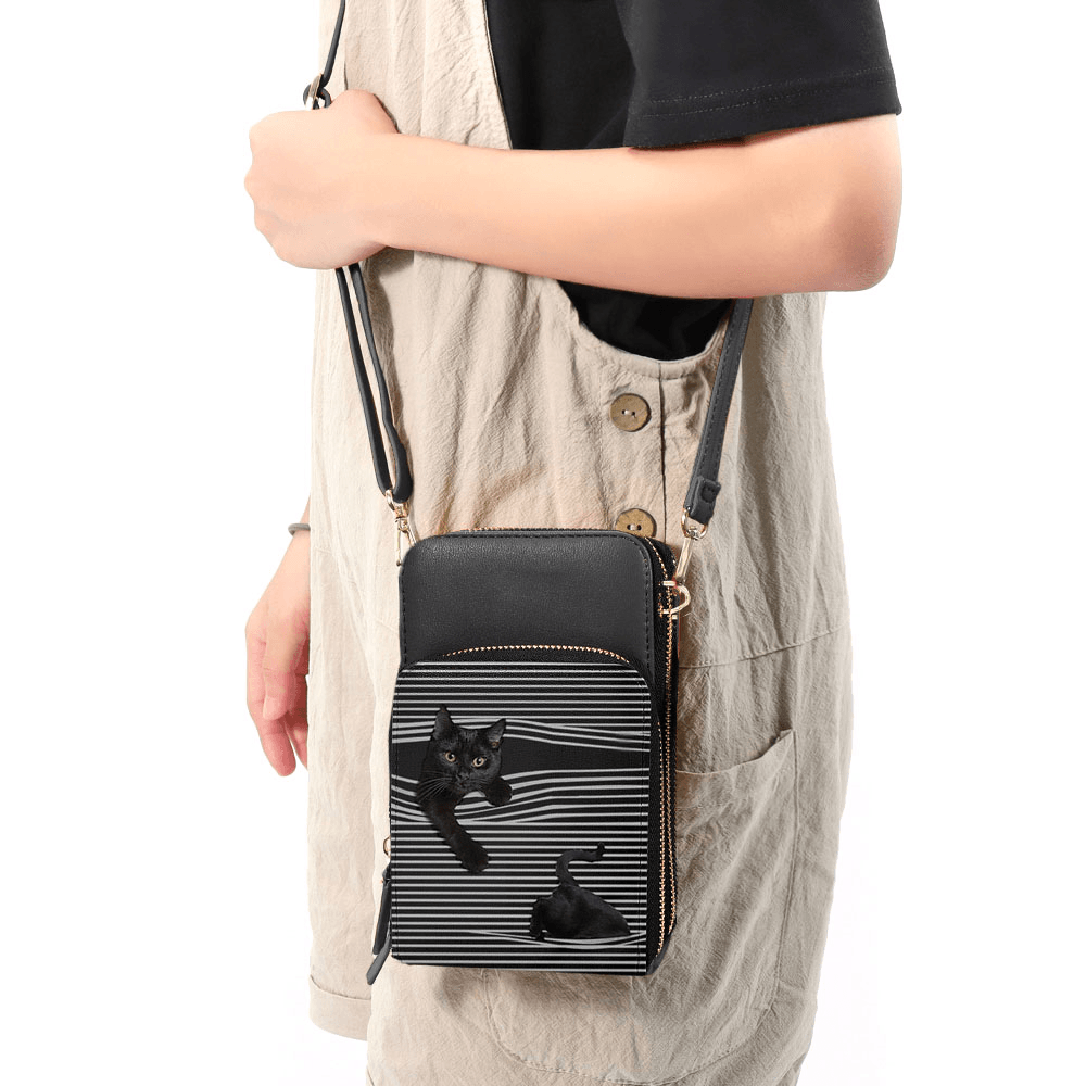 Women Faux Leather Casual Cute Black Cat and Stripes Pattern Adjustable Shoulder Bag Crossbody Bag - MRSLM