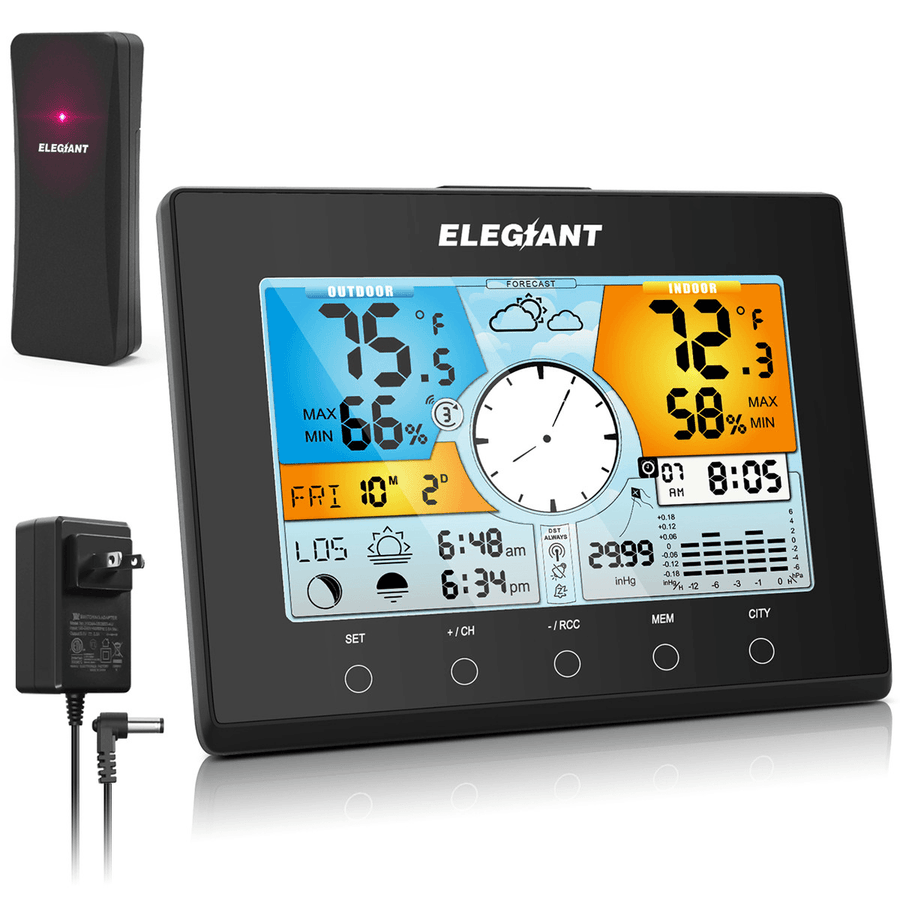 ELEGIANT EOX-9938 US °F Digital Indoor Outdoor Thermometer Hygrometer Monitor Sensor Automatic Time LCD Color Screen Weather Forecast Snooze 4 Level Backlight Alarm Clock - MRSLM