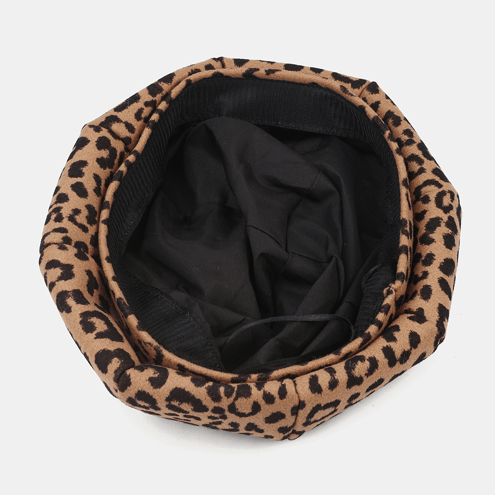 Women Woolen Warm Young All-Match Leopard Pattern Painter Hat Newsboy Hat Octagonal Hat Beret Hat - MRSLM