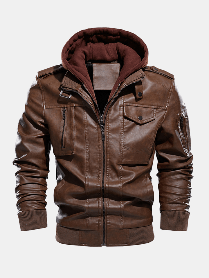 Mens Hooded Zipper Pocket Washing PU Leather Jackets - MRSLM