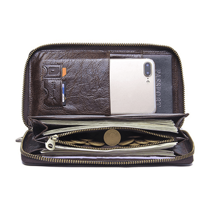 Men Genuine Leather Multifunction Purse Pen Holder Phone Holder Zipper Pocket Large Capacity Business Wallet - MRSLM