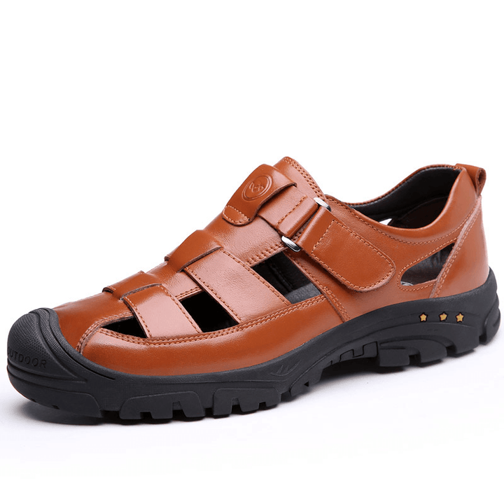 Men Cowhide Leather Breathable Hollow Out Soft Bottom Non Slip Closed Toe Casual Sandals - MRSLM