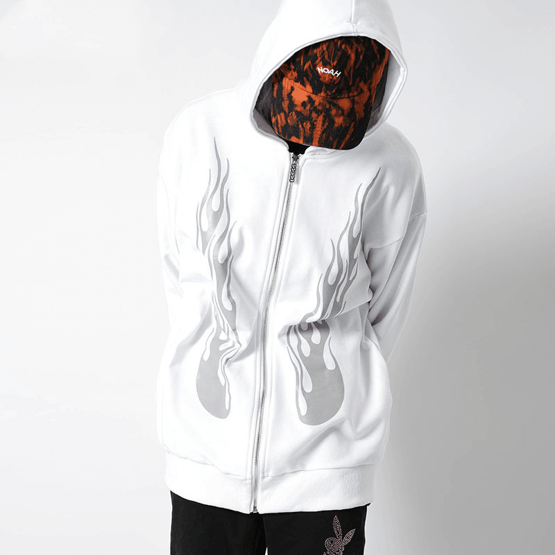 Dark Rock Reflective Flame Print Hoodie Men'S Sports Cardigan - MRSLM