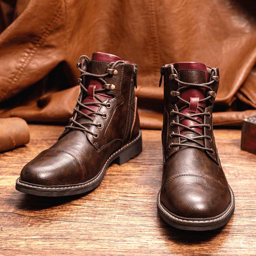 Men Leather Breathable Soft Sole Vintage Pointy Toe Zipper Casual Martin Boots - MRSLM