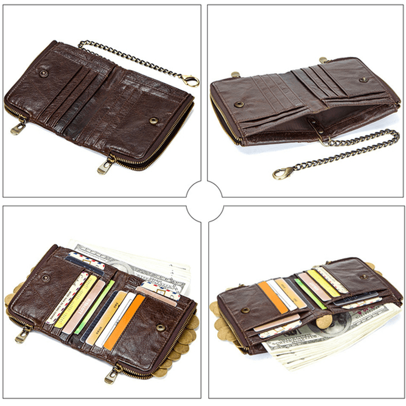 RFID Genuine Leather Casual 10 Card Slot Multifunction Wallet Double Zipper Men Coin Bag - MRSLM