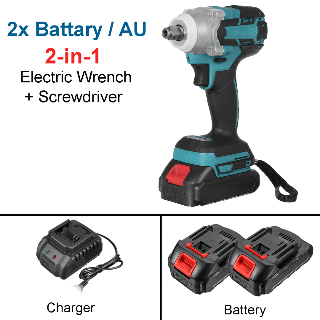 2 in 1 188VF 588N.M. Li-Ion Brushless Cordless Electric 1/2" Wrench 1/4"Screwdriver Drill W/ 1/2 Battery & 4 Sleeves - MRSLM