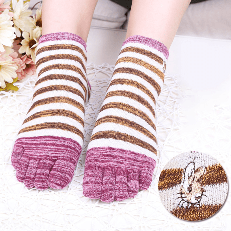 Ladies Five Toes Socks Cotton Striped 4-Pair Set Ankle Socks - MRSLM