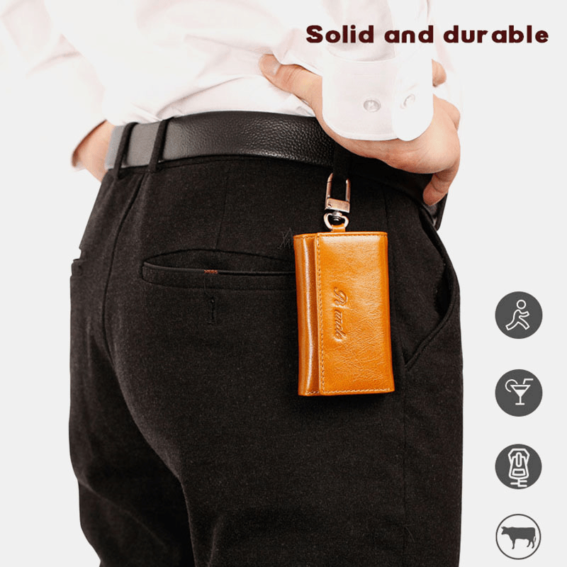 Men Genuine Leather Trifold Keychain Wallet RFID Blocking Multi-Card Slot Card Holder Coin Purse - MRSLM