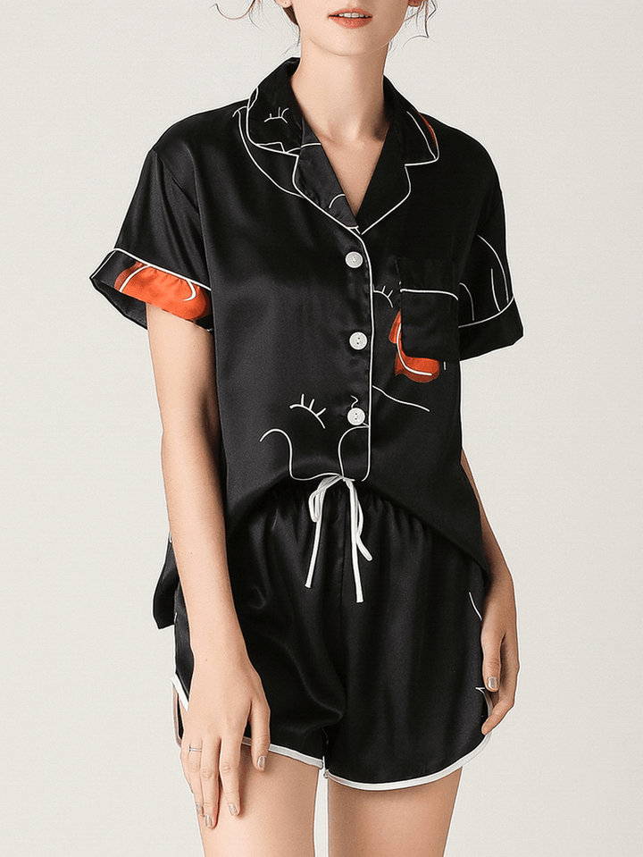 Women Abstract Graffiti Print Revere Collar Short Sleeve Black Home Pajama Set - MRSLM