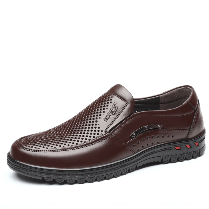 Men Genuine Leather Breathable Soft Bottom Slip on Comfy Casual Business Shoes - MRSLM