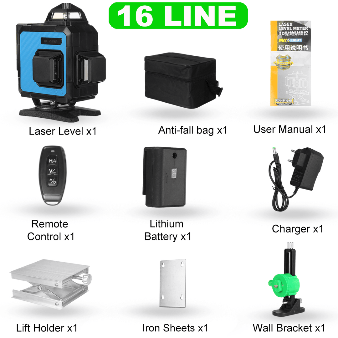 8/12/16 Lines 4D 360° Rotatable Green Light Laser Level Auto Self Leveling Rotary Cross Measure Tool - MRSLM