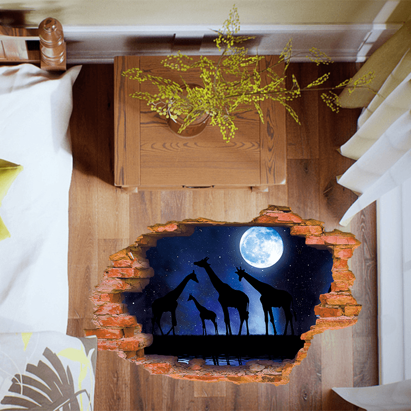 Miico Creative 3D Moon Night Giraffe Broken Wall Removable Home Room Decorative Wall Floor Decor Sticker - MRSLM