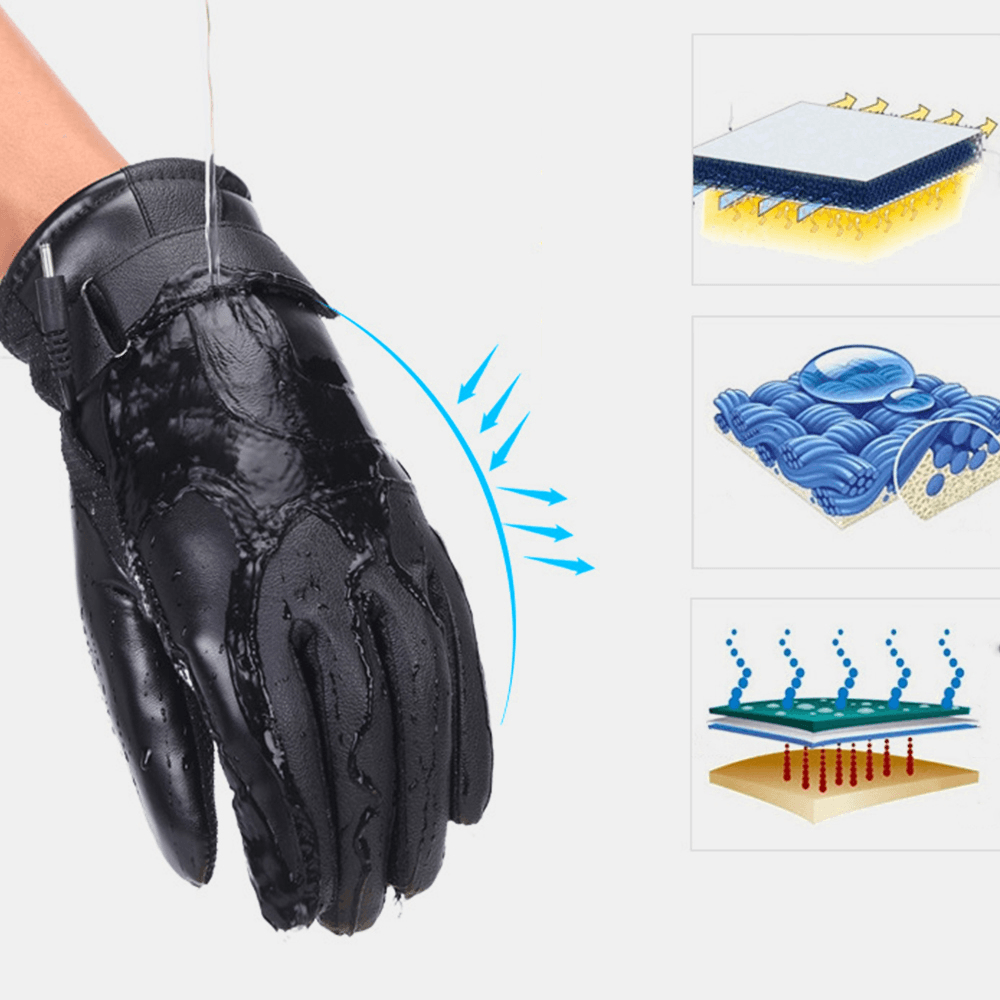 Unisex USB Charging Heating Touchscreen Outdoor Winter Electric Car Riding Keep Warm Waterptoof Windproof Leather Gloves - MRSLM