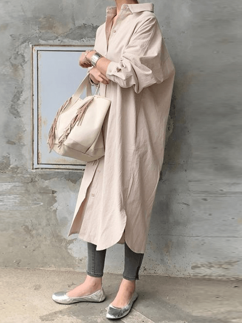 Women 100% Cotton Solid Color Curved Hem Split Lapel Loose Fit Shirt Dress - MRSLM