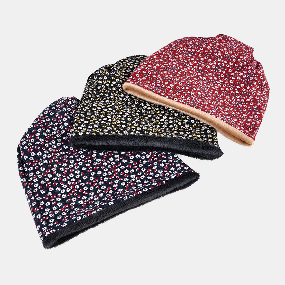 Women Cotton plus Velvet Overlay Floral Pattern Print Warmth Windproof Dual-Use Bib Scarf Beanie Hat - MRSLM