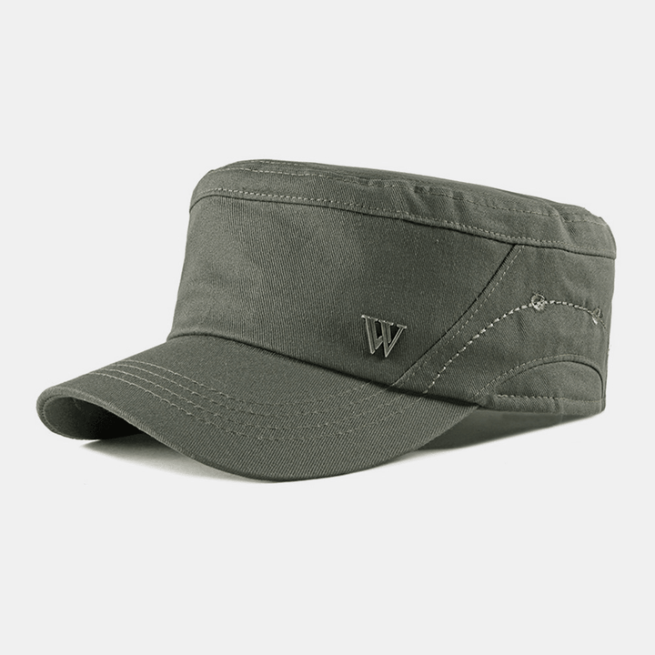 Men Cotton Metal Letter Patch Flat Top Hat Casual Adjustable Cadet Army Caps Military Caps - MRSLM