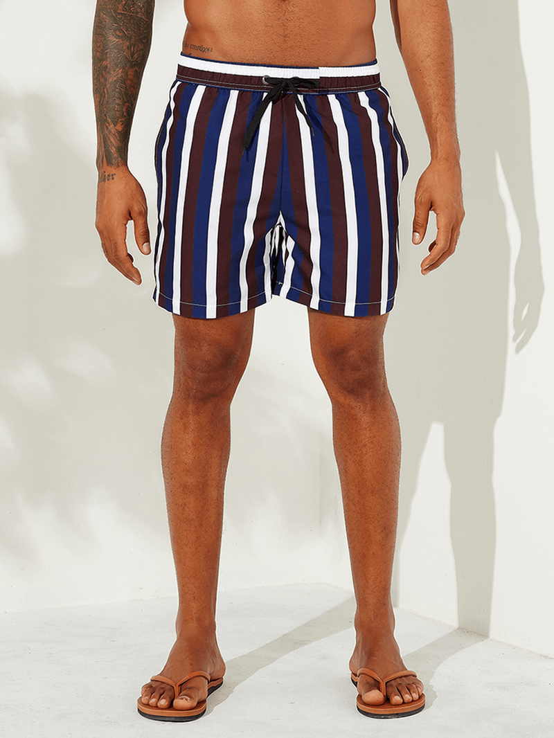 Men Multi Color Stripe Swim Shorts Quick Drying Mesh Liner Casual Shorts - MRSLM