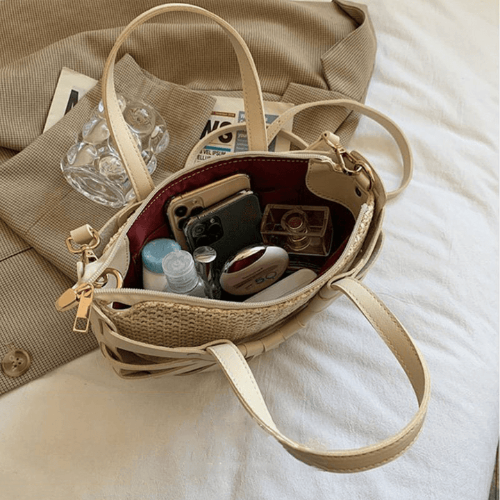 Women PU Leather Rivet Large Capacity Hollow Simple Handbag Shoulder Bag Crossbody Bags Straw Bag - MRSLM