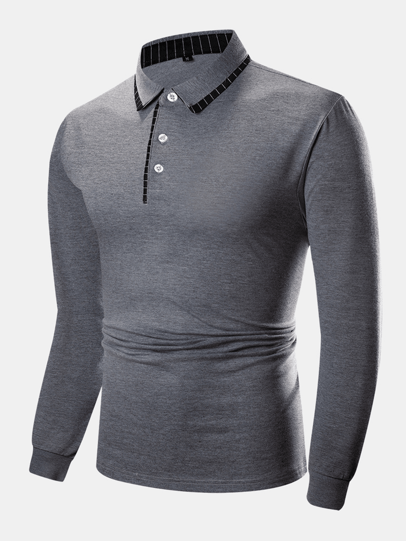 Mens 100% Cotton Stripe Collar Long Sleeve Plain Casual Golf Shirts - MRSLM