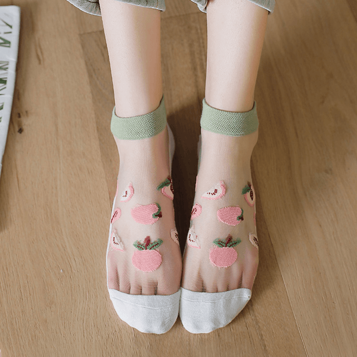 3 Pairs Women Cotton Glass Silk Peach Letters Stripes Pattern Jacquard Breathable Socks - MRSLM