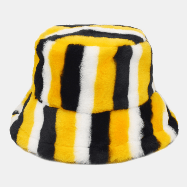 Unisex Faux Rabbit Fur Rainbow Color Striped Thicken Outdoor Warmth Bucket Hat - MRSLM