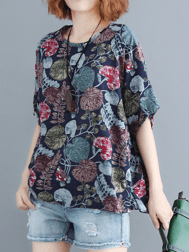 Women Plant Leaf Print round Neck Casual Relaxed Half Sleeve Blouses - MRSLM