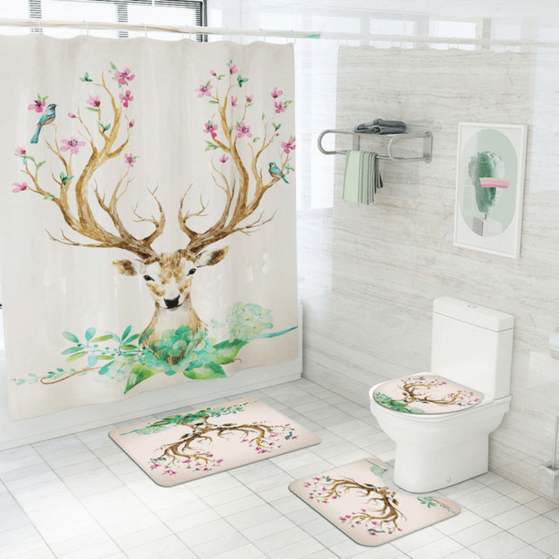 Elk Flower Printing Shower Curtain Floor Mat Four-Piece Combination Bathroom Mat Set - MRSLM