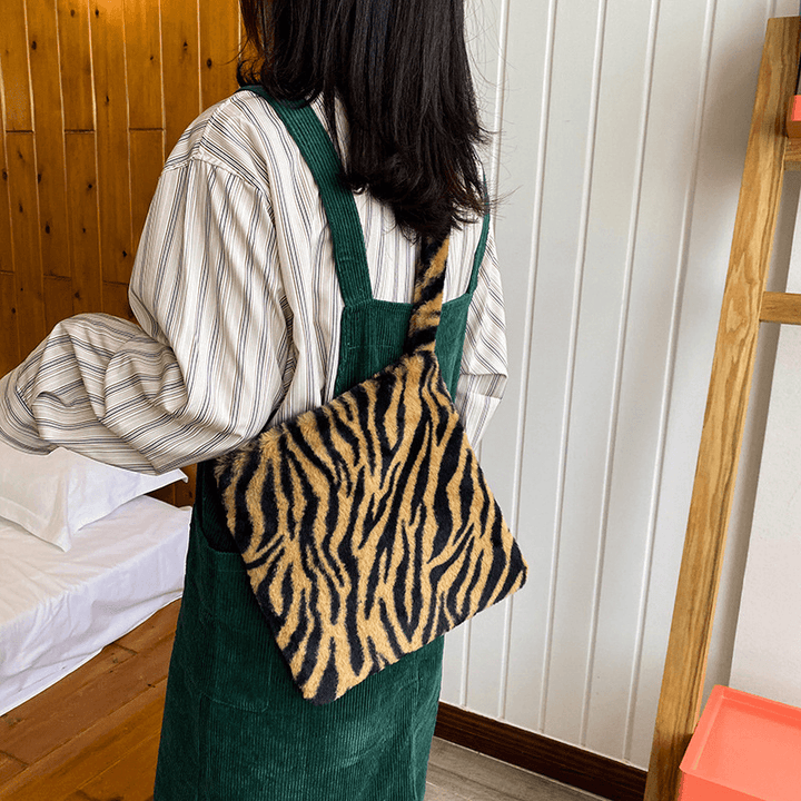 Women Felt Large Capacity Soft Cute Floral Animal Leopard Pattern Shoulder Bag Handbag Crossbody Bag - MRSLM