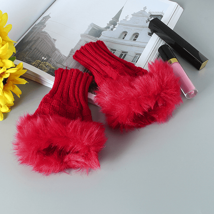 Women Winter Warm Knitted Thicken Fingerless Gloves Artificial Rabbit Hair Half Finger Sleeve - MRSLM