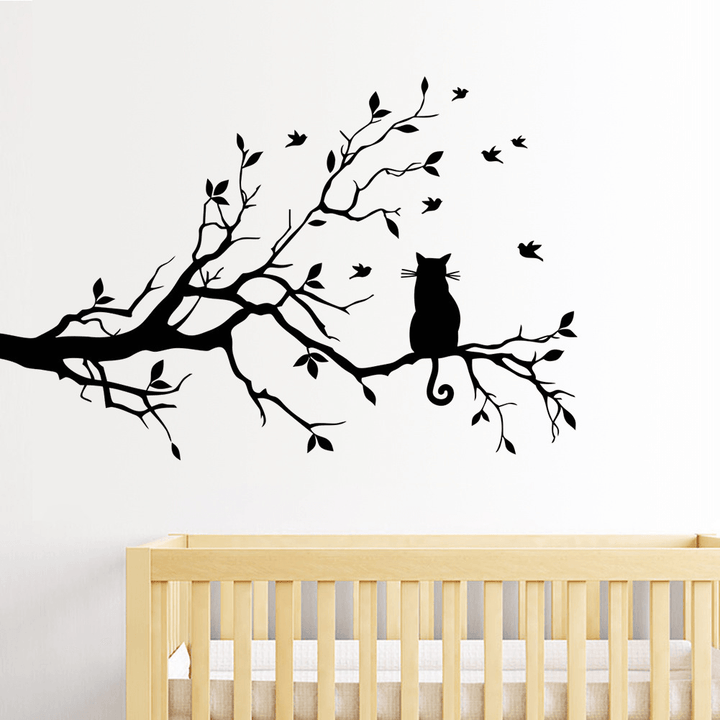 New Cute Cat on Long Tree Branch Removable PVC Wall Sticker Animals Cats Art Decal Beautiful Home Kids Room Decor Flying Birds Black Cat Animals Wall Sticking Poster - MRSLM