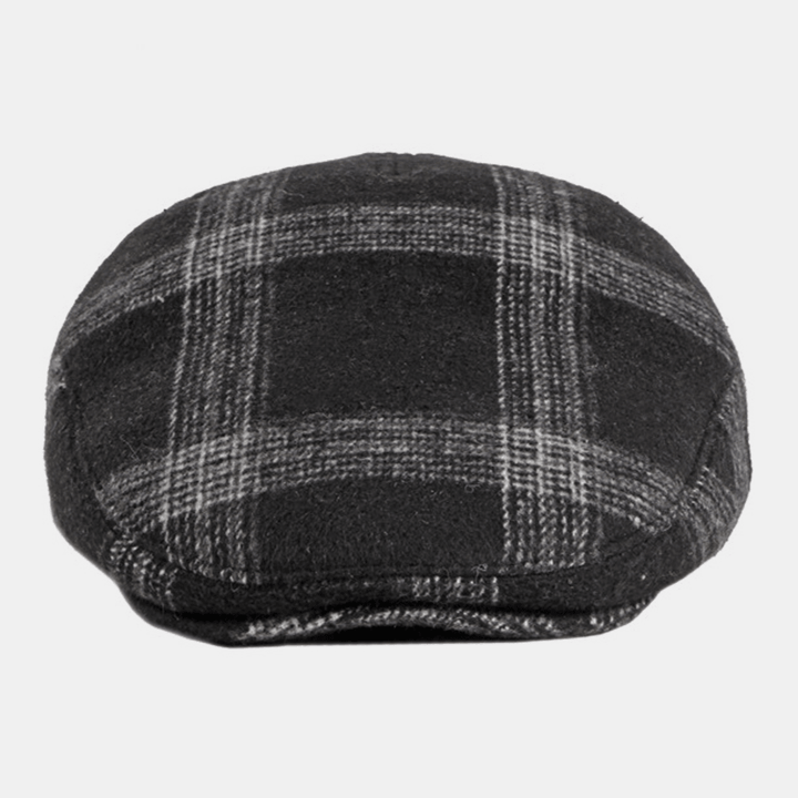 Men Felt Ear Protection Winter Outdoor Plaid Pattern Warm Universal Beret Hat Forward Hat - MRSLM