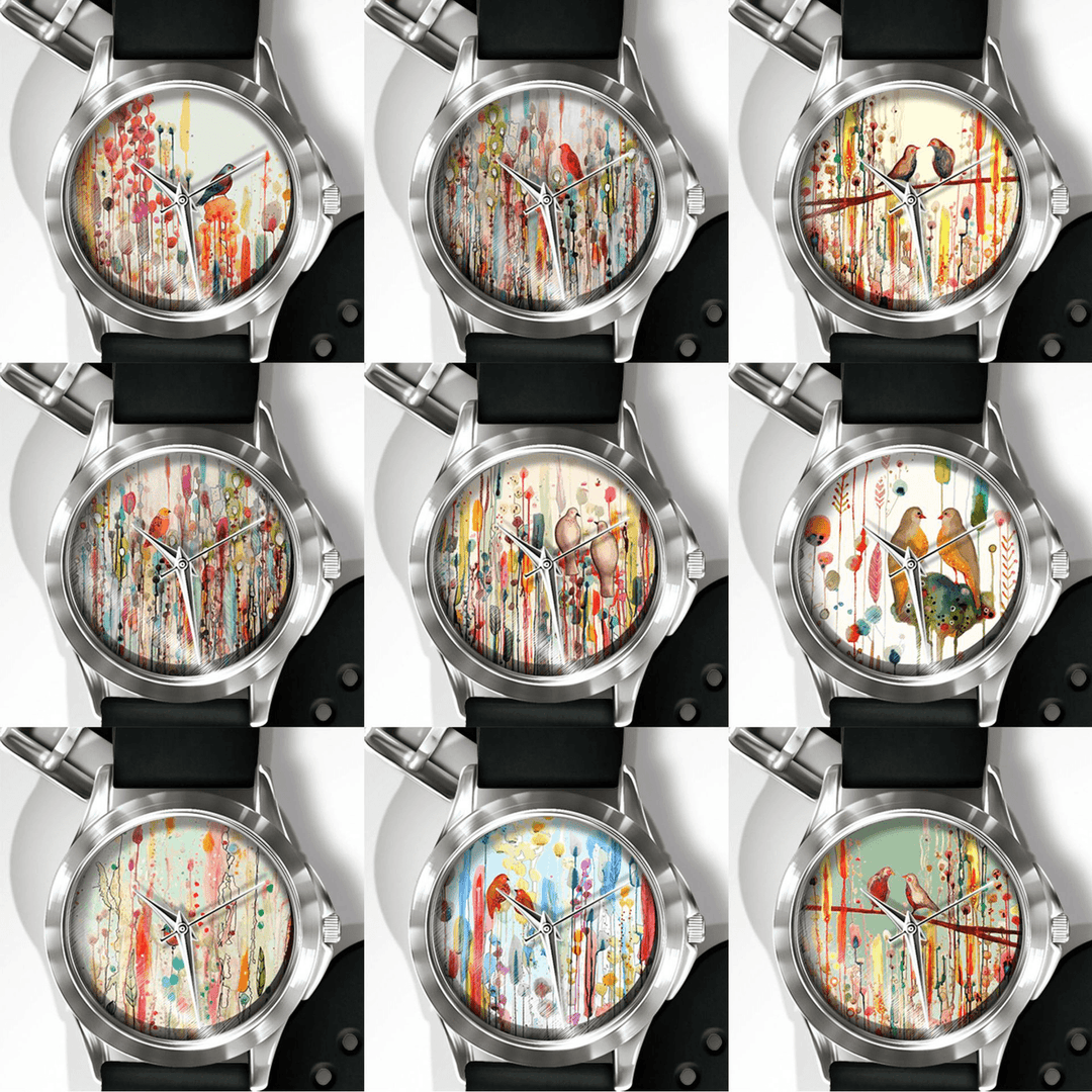 MISS WHITE Casual Watercolor Flower Bird Pattern Dial PVC Band Women Quartz Watch Wristwatch - MRSLM